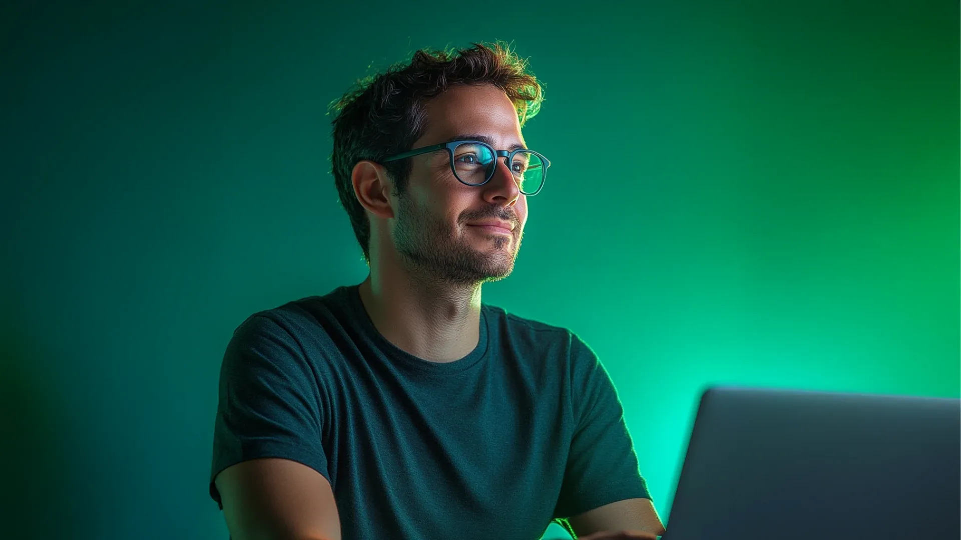 Developer smiling at his laptop